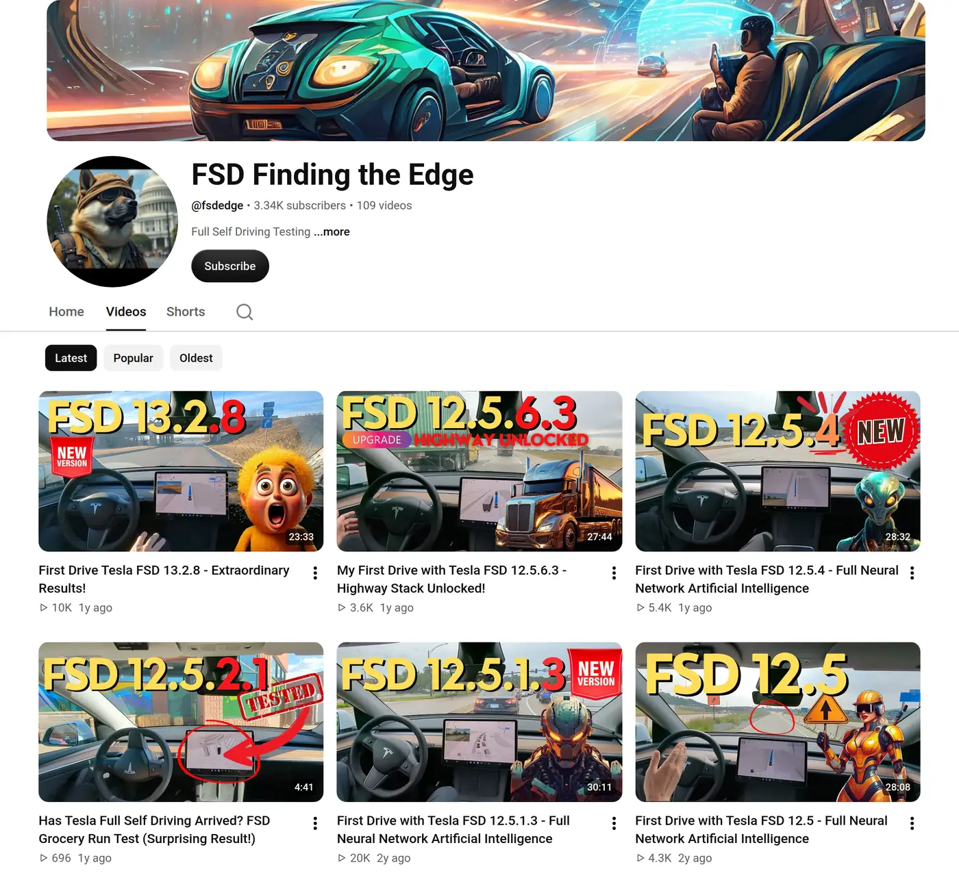 The YouTube channel FSD Finding the Edge, at @fsdedge, showing 3.34K subscribers, 109 videos, and Tesla Full Self-Driving test drives.